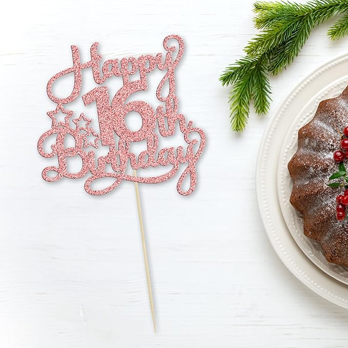 1 Pack Happy 16th Birthday Cake Topper Glitter Sweet 16 Cake Pick Birthday 16th Birthday Cake Decorations for Children 16th Theme Party Supplies Rose Gold