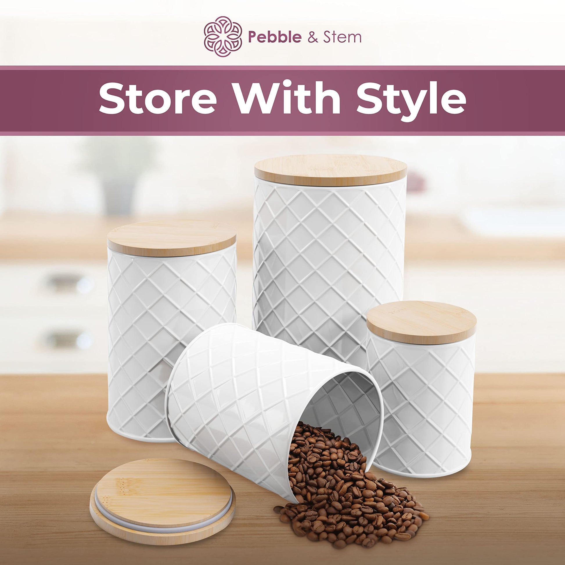 Pebble & Stem® White Metal Canister Set for the Kitchen Counter, Food Canister Set of 4, Airtight