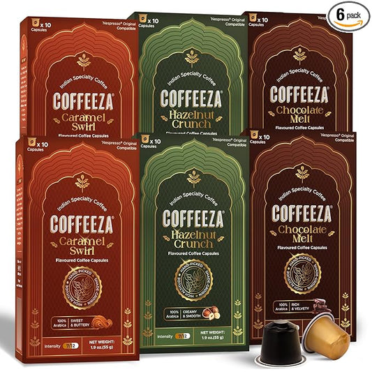 Coffeeza Variety Pack Flavoured – 60 Coffee Capsules (Pack of 6) – Original Line compatible – Specialty Indian Arabica Coffee – Recyclable Pods – Medium Roast – Flavored Espresso Pods