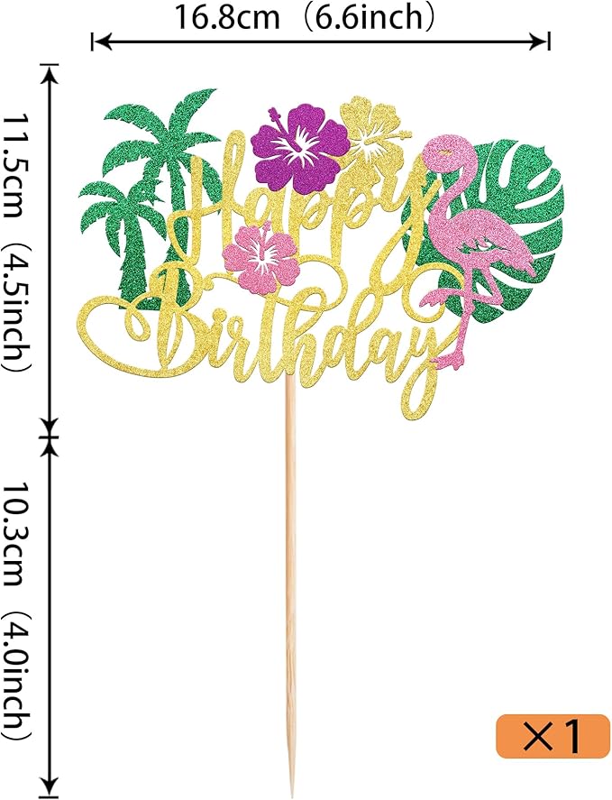 Rsstarxi 1 Pack Flamingo Happy Birthday Cake Topper Glitter Flamingo Cake Decoration Palm Tree Turtle Leaf Flower Flamingo Cake Pick for Tropical Hawaiian Luau Baby Shower kids Birthday Party Decor