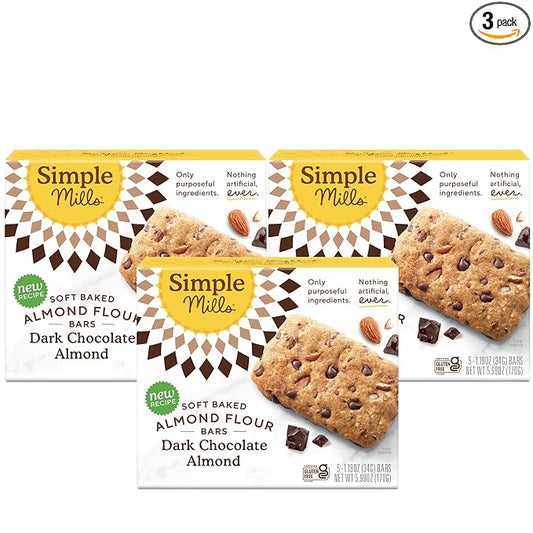 Simple Mills Almond Flour Snack Bars, Dark Chocolate Almond - Gluten Free, Made with Organic Coconut Oil, Breakfast Bars, Healthy Snacks, Paleo Friendly, 6 Ounce (Pack of 3)