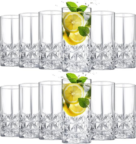 Uiifan Set of 12 Tall Highball Glasses 12 oz Crystal Drinking Glasses Clear Fancy Cups Vintage Textured Designer Glassware for Cocktail Tea Water Beer Soda Beverages, Dishwasher Safe(Stylish Style)