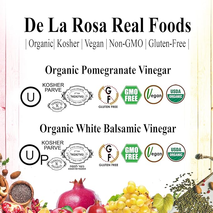De La Rosa Organic Pomegranate and White Balsamic Vinegar, Vegan, Kosher, Non-GMO & Gluten Free, Great for Salad Dressings, Marinades & More, 16.9 Oz (Pack of 2)