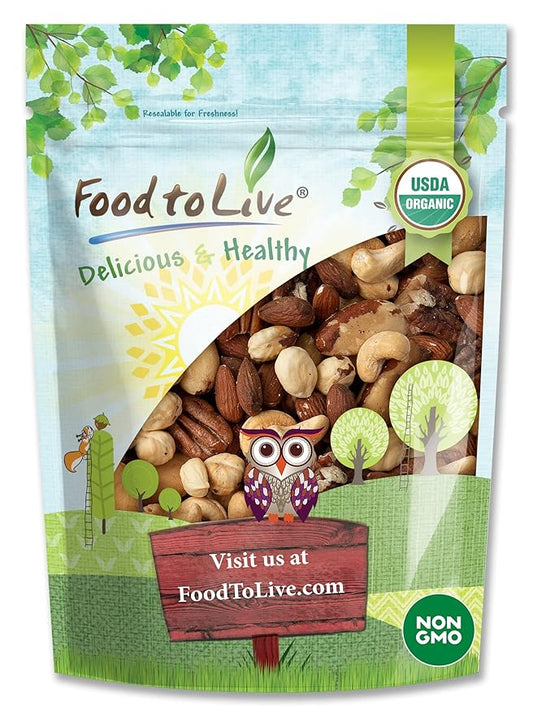 Food to Live Organic Deluxe Nuts Mix, 8 Ounces A Blend of Dry Roasted Pecans, Cashews, Filberts, Almonds and Brazil Nuts with Himalayan Salt. Non-GMO, Oven Roasted and Lightly Salted. Kosher, Bulk
