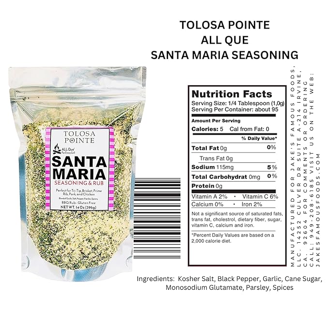 Tolosa Pointe All Que Santa Maria Seasoning & BBQ Rub for Chicken, Steak, Pork, Ribs, Prime Rib Roast, BBQ Seasoning, Grill, Gluten Free, 14 Oz (396g)