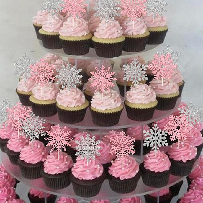 Rsstarxi 24 Pack Snowflake Cupcake Toppers Glitter Winter Wonderland Theme Cupcake Picks Snowflake Cake Decorations for Winter Frozen Baby Shower Birthday Party Decorations Silver Pink