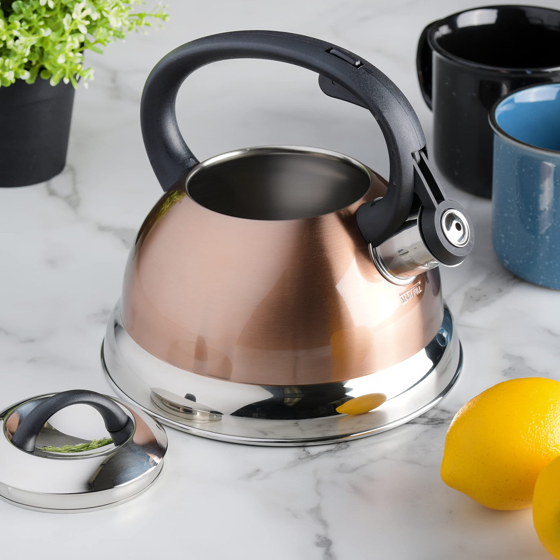 Mr. Coffee Flintshire 1.75-Quart Stainless Steel Whistling Tea Kettle with Nylon Handle – Copper