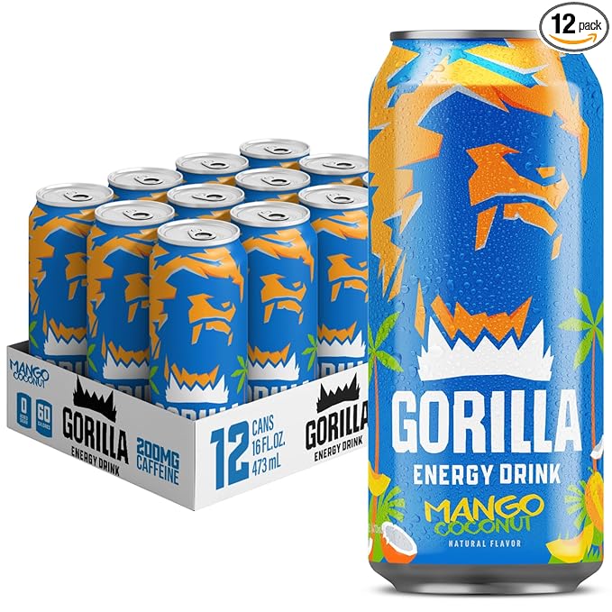 Gorilla Energy Drink, Mango Coconut, 200mg Natural Caffeine, Real Fruit Juice Squeezed &