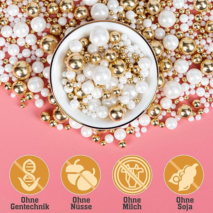Twisweet Edible Pearl Sprinkles, Gold and White Pearls for Cake Decorating, Gold Sugar Sprinkles for Baking, Mix Size Candy Pearls, Cake Topper Ice Cream Toppings Cupcake Cookie Dessert Decorations, Christmas Wedding Birthday Party Supplies (130g/4.58oz)