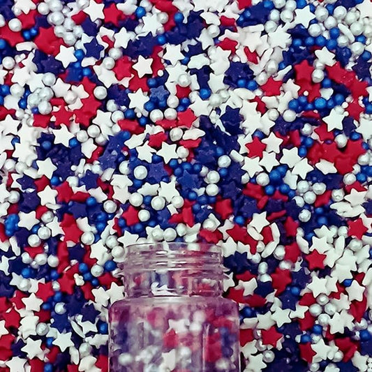 Confect Cake Mate Edible Sprinkles ??Red, White, Blue & Silver Pearl & Star Dragees??Cake and Cupcake Decorating Toppings for Cookies & Ice Cream | Vegan, Gluten-Free, Soy-Free, Dairy-Free, Palm Oil-Free- 4.2 Oz