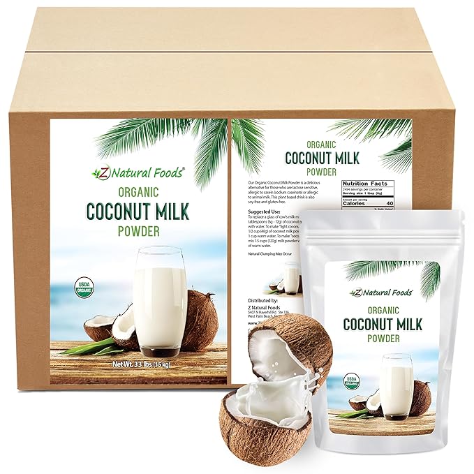 Z Natural Foods Organic Coconut Milk Powder - All-Natural Vegan Dairy-Free Alternative with MCTs - Unsweetened Coconut Creamer for Coffee & Smoothies - Gluten-Free, Non-GMO, 33 lbs