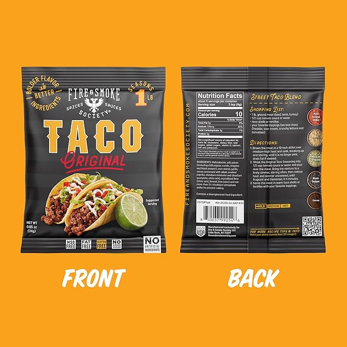 Fire & Smoke Society Taco Seasoning Mix | .85 oz (12-Pack) | Mexican Seasoning for Carnitas, Fajitas, Steak, Beef, Chicken