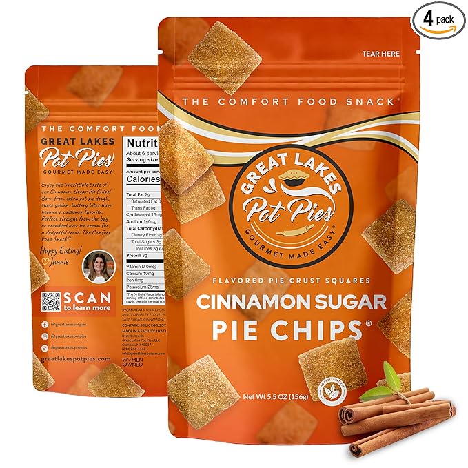 Great Lakes Pot Pies - Cinnamon Sugar Pie Chips - Crunchy Cookie Crisp - Buttery Cinnamon Snacks for Adults & Kids - Cinnamon Crackers - 4 Pack