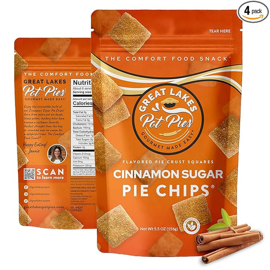 Great Lakes Pot Pies - Cinnamon Sugar Pie Chips - Crunchy Cookie Crisp - Buttery Cinnamon Snacks for Adults & Kids - Cinnamon Crackers - 4 Pack