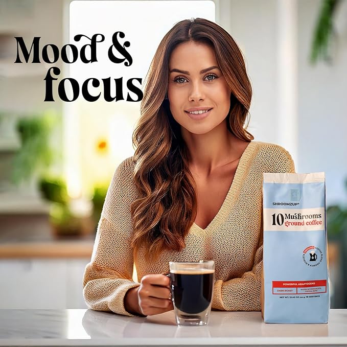 Shroomzup Ground Mushroom Coffee for Brewing - 10 Mushrooms Dark Roast - Lion's Mane, Reishi, Chaga, Turkey Tail, Cordyceps, Shiitake Mushroom Coffee for Energy and Focus - 13oz Bag