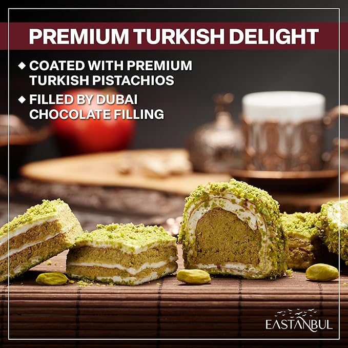Eastanbul Premium Turkish Delight with Dubai Chocolate Filling, 8.8oz, Turkish Delights Pistachio, Lokum, Pistachio Candy Gift Box, International Candy, Lokum