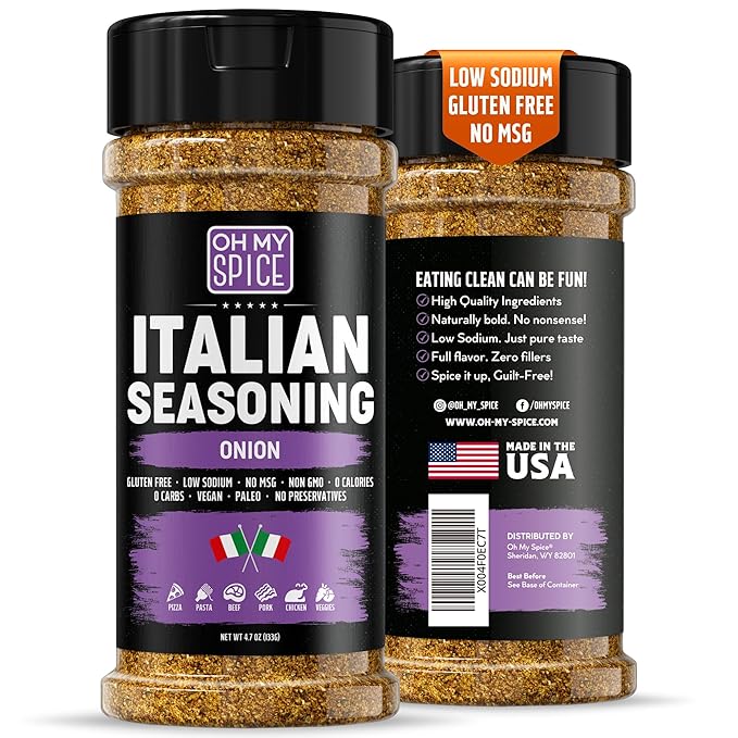 Italian Seasoning Blend Onion Powder Mix - Gluten Free & Low Sodium Pizza Seasoning for Bruschetta & Spaghetti. Mediterranean Sweet Onion Herbs for Italian Food. Sausage & Pizza Toppings Spices. 4.7oz
