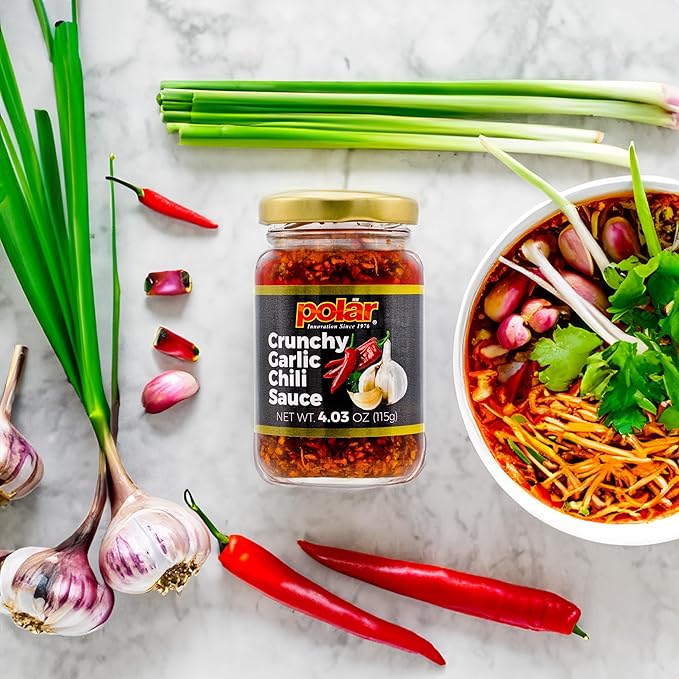 Polar Crunchy Garlic Chili Sauce 4.03oz (Pack of 12), Extra Crispy Chili Oil, Savory Umami Topping, Good on Everything, Gourmet Hot Sauce, Savory condiment, Vegan Friendly, Gourmet Hot Sauce, No MSG, Chili Crisp