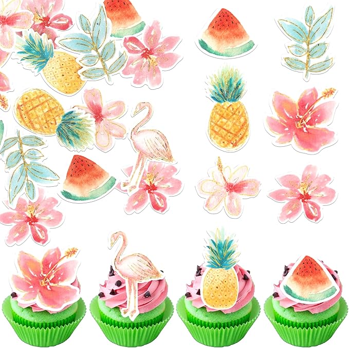 60 Pack Edible Flamingo Cupcake Toppers Wafer Paper Tropical Aloha Luau Pineapple Watermelon Cupcake Picks Flamingo Hawaiian Beach Cake Decorations for Summer Theme Birthday Party Supplies