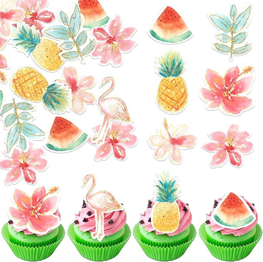 60 Pack Edible Flamingo Cupcake Toppers Wafer Paper Tropical Aloha Luau Pineapple Watermelon Cupcake Picks Flamingo Hawaiian Beach Cake Decorations for Summer Theme Birthday Party Supplies