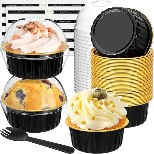 Mini Cake Pans with Lids and Spoons (40 Pack,Black,5oz) Round Disposable Ramekins - Sturdy Aluminum Foil Cupcake Liners with Lids for Dessert and Party