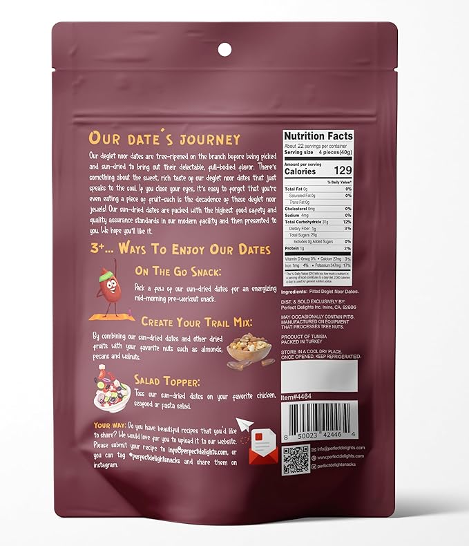 Perfect Delights Dates, Vegan, Sun-Dried Pitted Dates, Healthy Fruit Snack for Kids and Adults - Single Pack (32 oz)