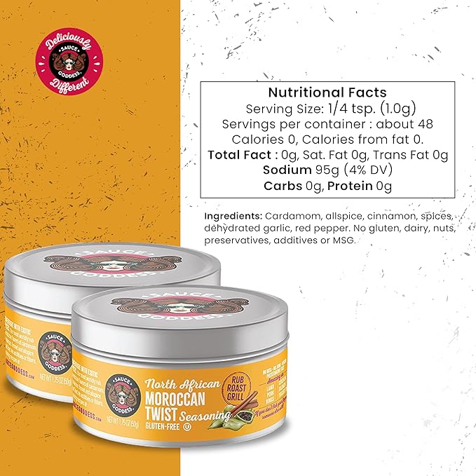 Sauce Goddess - Moroccan Twist Fresh Spice Blend - Vegan, Gluten-Free, No Sugar, Low Sodium Seasoning for Lamb, Chicken, Salmon - 1.75oz (2 Tin Cans)