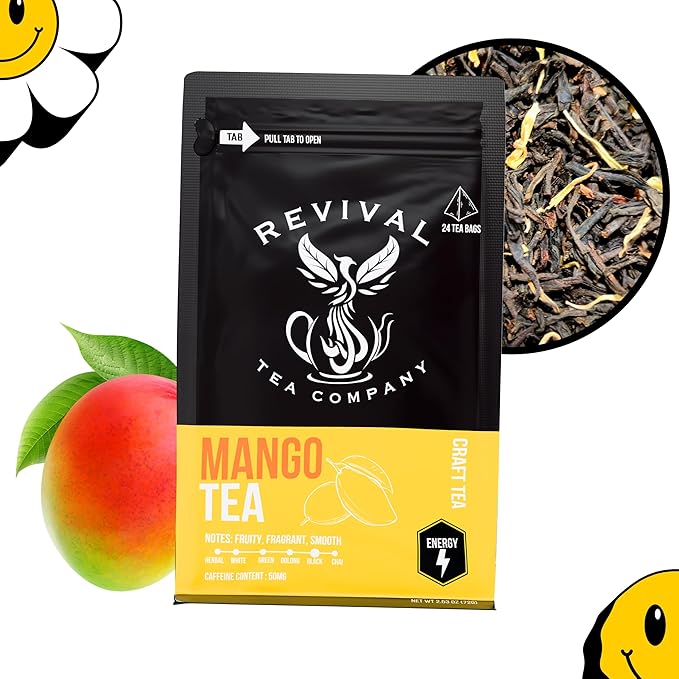 Revival Tea Company Mango Tea - Black Tea Blend with Real Mango Pieces and Flavor - 24 Tea Bags