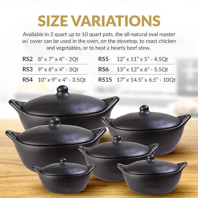 Authentic Chamba Oval Roaster w/Cover - Elegant, All-Natural Black Clay Dutch Oven for Braising, Baking, Roasting Chicken - Stovetop & Oven Safe – Earthenware, Handmade in Colombia – X-Large 5.5 qt.
