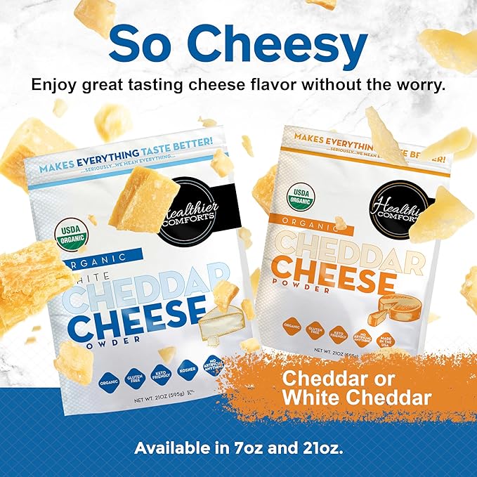 Healthier Comforts Organic White Cheddar Cheese Powder | Gluten Free, Kosher, Keto-Friendly, Non-GMO, Antibiotic & Hormone Free | Perfect for Popcorn Seasoning, Mac and Cheese, Pasta & Sauces (21 oz)