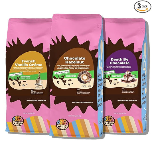 Crazy Cups Decaf Flavored Ground Coffee Variety Pack, Includes Chocolate Hazelnut, French Vanilla and Death by Chocolate, in 10 oz Bags, For Brewing Flavored Hot or Iced Decaf Coffee, Variety 3 Pack