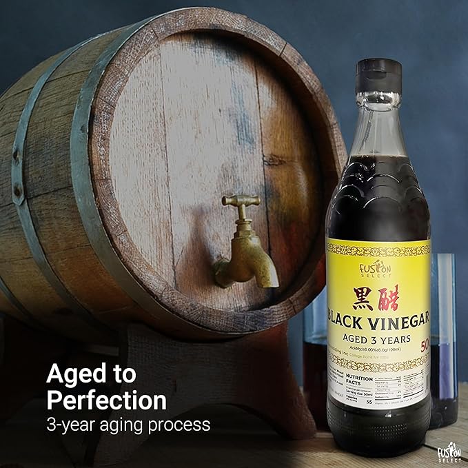 Fusion Select 500ml Chinese Black Vinegar - Authentic Chinkiang Black Vinegar for Cooking, Sauces, Dressings - Zero Artificial Color & Flavors - Aged for 3 years - Kitchen Condiments & Ingredients