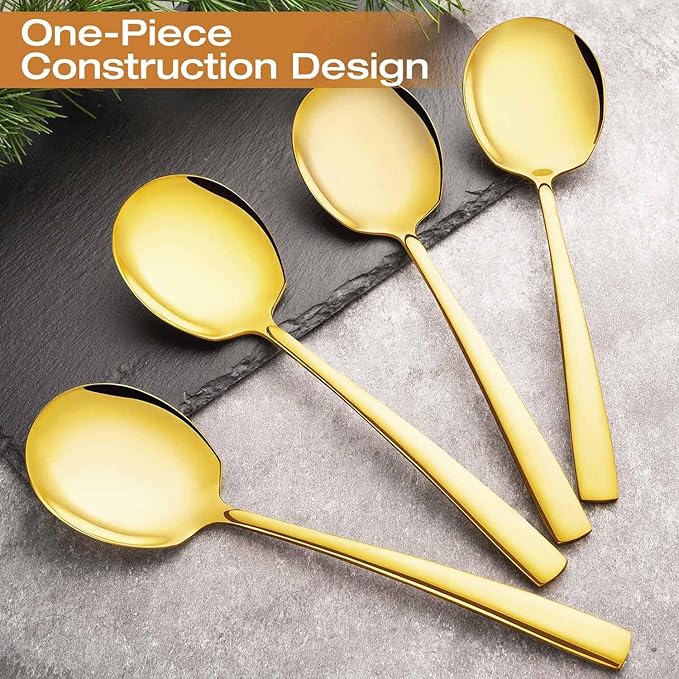 Extra Large Serving Spoons Set 11.7 Inch Gold Serving Utensils 18/8 Stainless Steel Big Metal Spoons for Buffet, Parties, Catering, Banquet - Dishwasher Safe (6-Piece, Gold)