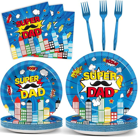 96Pcs Happy Fathers Day Paper Plates and Napkins Super Dad Party Decorations Super Theme Dessert Plates Hero Cityscape Birthday Tableware for 24 Guests Papa Grandpa Best Dad Daddy Men Party Supplies