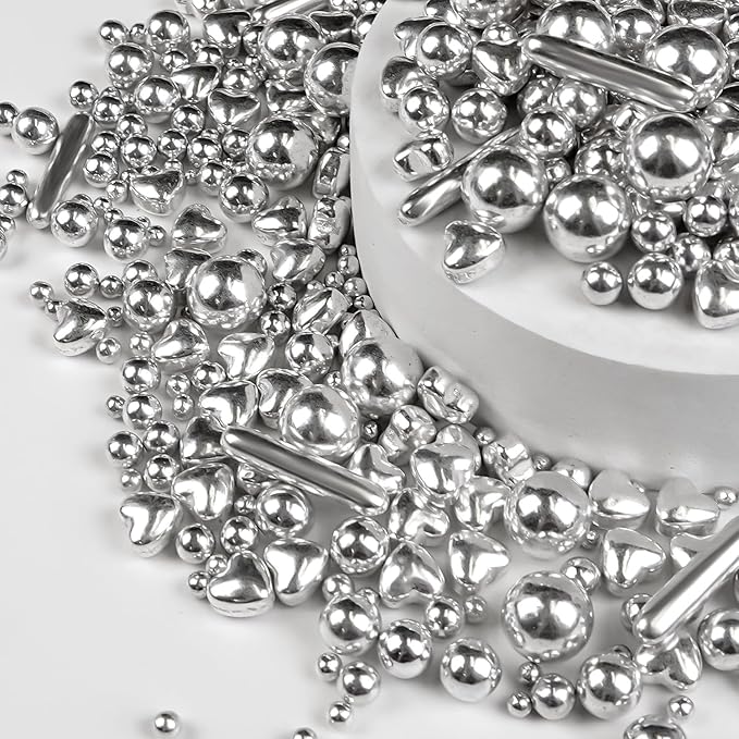 Silver Pearl Rods Heart Sprinkles, Baking Sugar, Silver Sprinkles for Cake, Mix Size, Cupcake Decoration, Holiday, Mother's Day, Wedding Party Supplies