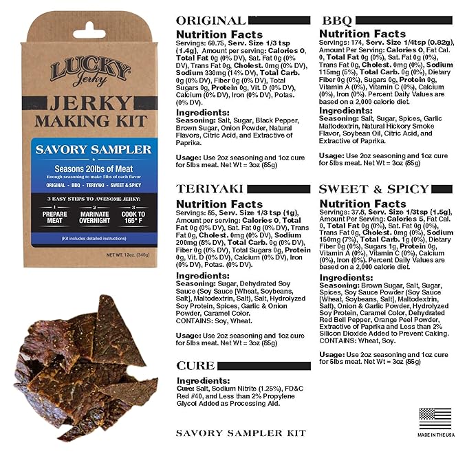 Lucky Jerky Ultimate Savory DIY Seasoning Kit - Makes 20lbs Total with 4 Flavors - Original, BBQ, Teriyaki, Sweet & Spicy Flavors - Perfect for Homemade Beef Jerky