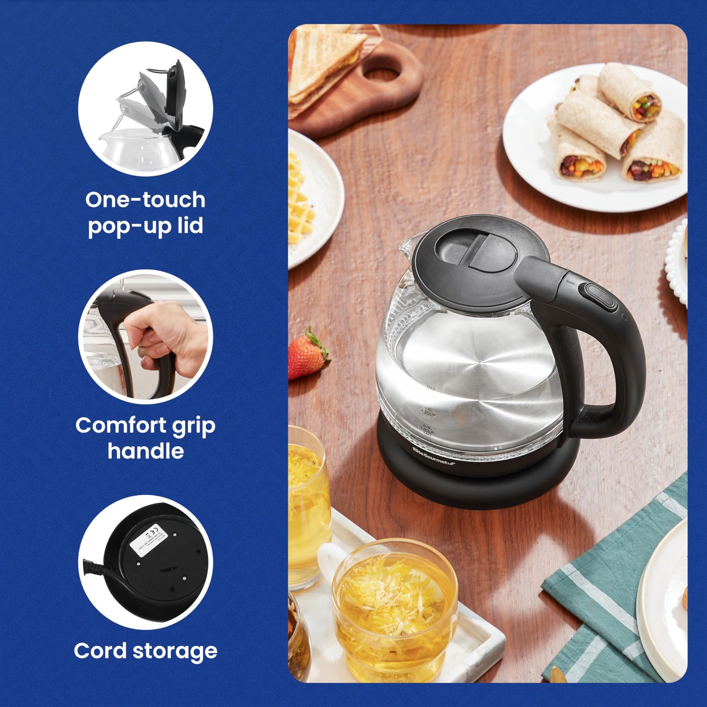Elite Gourmet EKT1001 1.0L Glass Kettle, 1100W, Cordless Base, Black