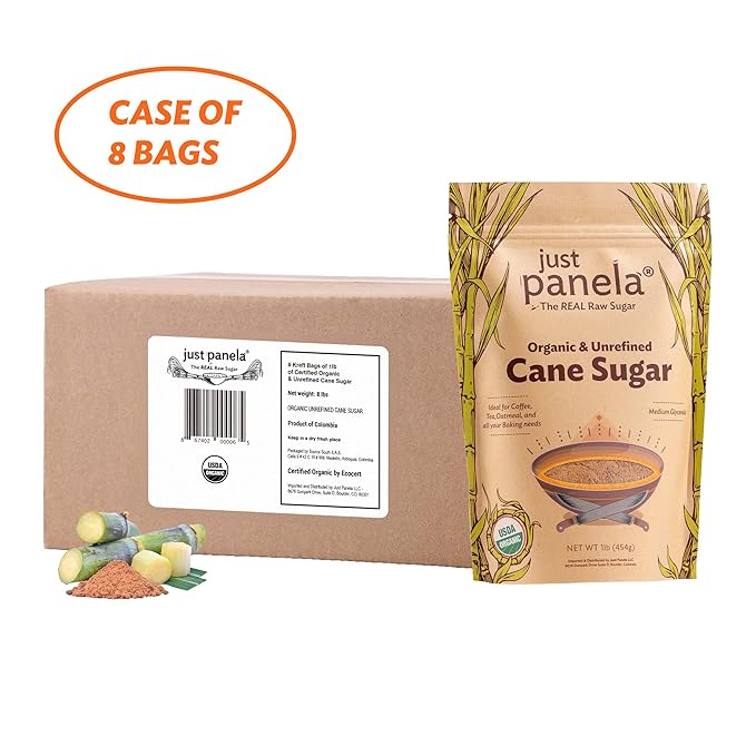 Just Panela Organic Unrefined Cane Sugar 1 Pound Pack of 8 | 100% Unprocessed, Raw Sugar | Great for Baking, Cooking & Sweetening | Healthier Alternative to Regular Refined Sugar