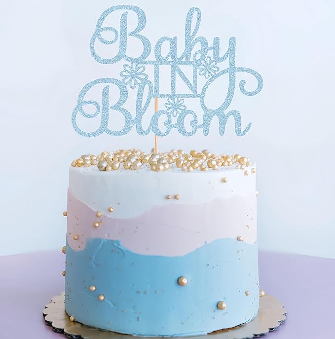 Baby in Bloom Cake Topper - Glitter Light Blue Baby Shower Cake Decorations for Boy or Girl, for Baby Birthday Party or Gender Reveal Party Photo Booth Props
