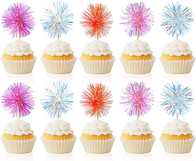 10PCS Foil Firework Cupcake Toppers, Takemay Happy Birthday Cake Toppers, Sparkle Tinsel Flower Drink Stirrers Cocktail Food Fruit Toothpicks for Party Birthday Wedding Ceremony