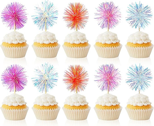 10PCS Foil Firework Cupcake Toppers, Takemay Happy Birthday Cake Toppers, Sparkle Tinsel Flower Drink Stirrers Cocktail Food Fruit Toothpicks for Party Birthday Wedding Ceremony