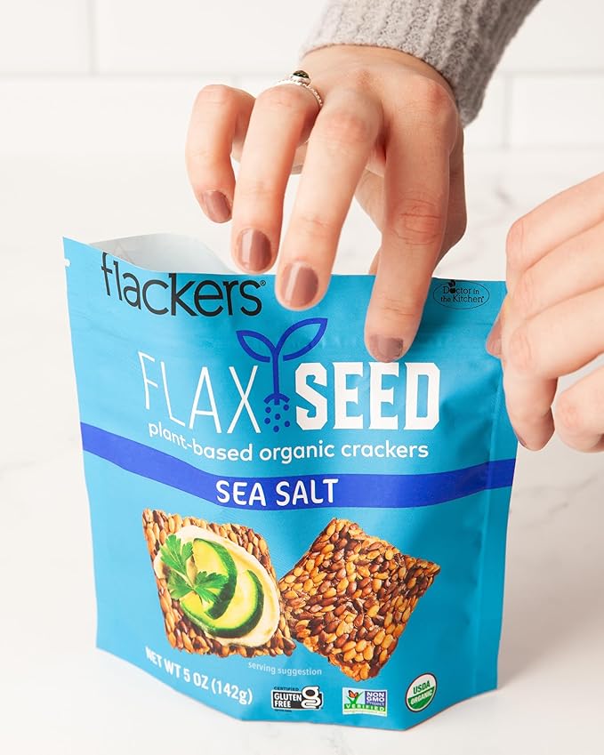 Flackers Organic Sea Salt Flaxseed Crackers, 5 Ounce 1-Pack, Gluten Free, Non GMO, Vegan, Keto Snack, 9g Fiber, 1g Net Carb