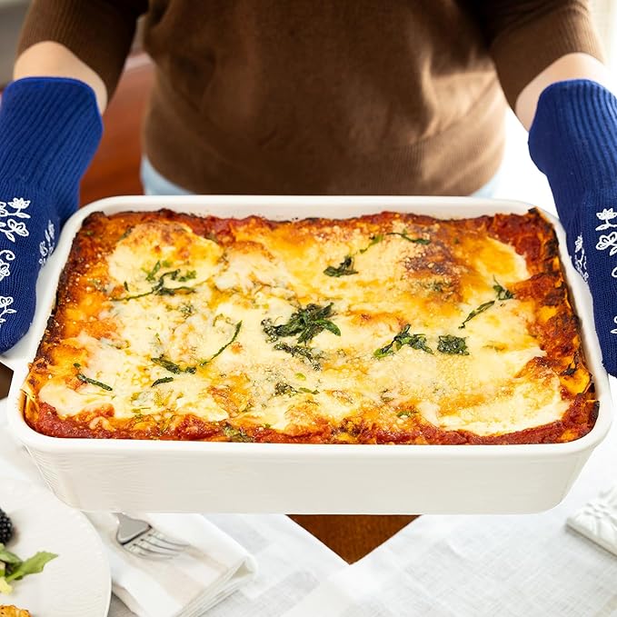 Temp-tations by Tara Baking Pans Set - 9x13" Set of 2 Woodland White Bakeware Sets with Casserole Dish for Oven and Serving Dish for Lasagna, Pies, Meatloaf, Hand-Painted Ceramic Casserole Oven Pan