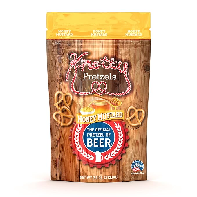 Knotty Pretzels - "The Official Pretzel of Beer" 7.5 Ounce Individual Seasoned Pretzel in Resealable Snack Bags - Honey Mustard (6 Pack)