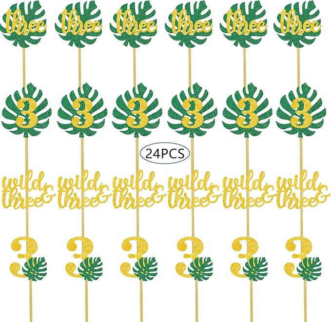 Safari Wild Three Cupcake Toppers Jungle 3rd Birthday Wild Theme Party Decoration Tropical Leaf Food Picks Gold 3