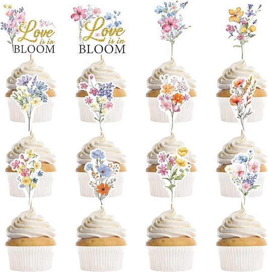 24 Pcs Love is in Bloom Cupcake Toppers, Love in Bloom Bridal Shower Cupcake Decorations, Flower Theme Party Supplies, Engagement Wedding Cake Party Decor