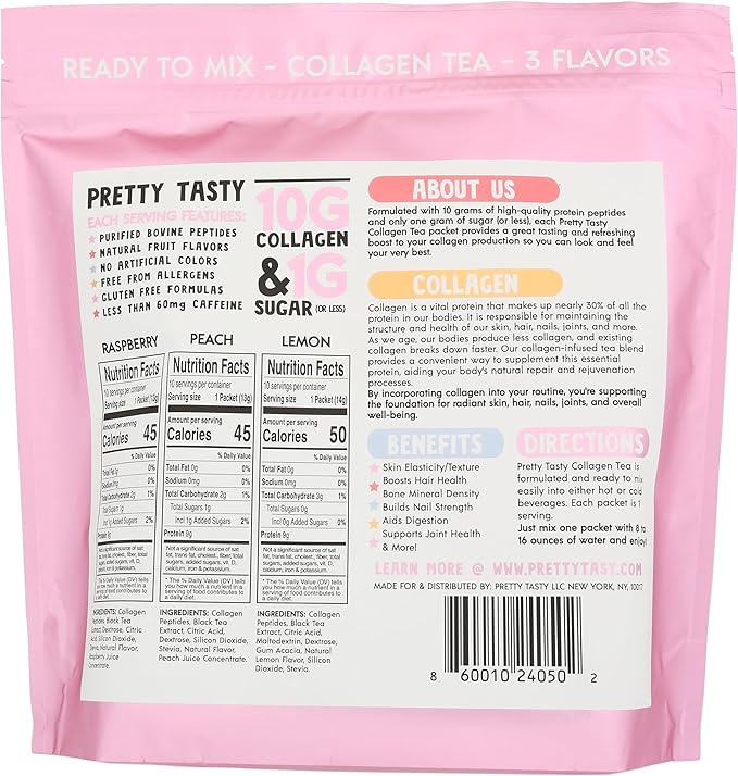 Tea Variety Pack, Collagen-Infused Tea, Peach Perfection, Raspberry Radiance, Lemon Luminance, 10g Collagen Mix - 30 Count