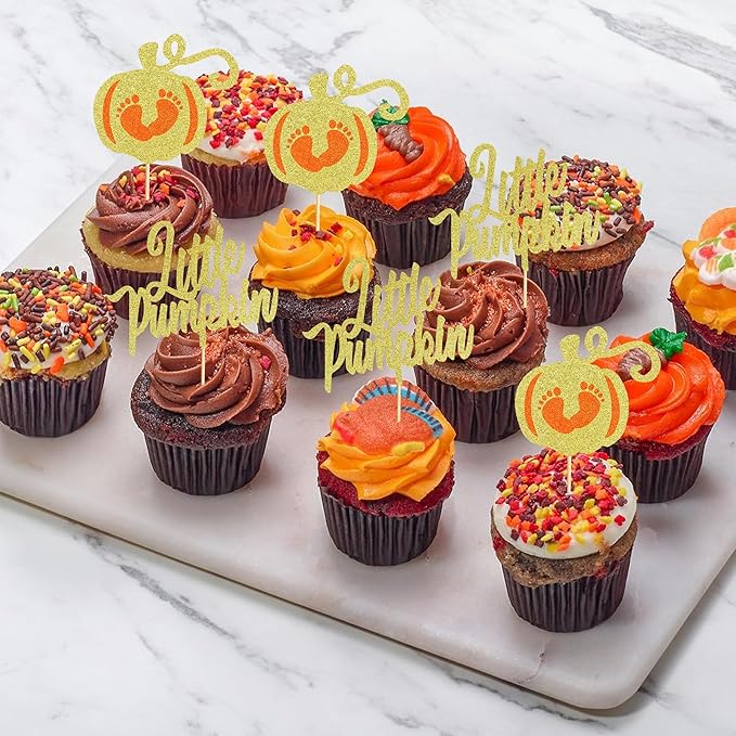 24Pcs Little Pumpkin Cupcake Toppers - Baby Shower Cake Decorations with Baby Feet Pumpkin Cupcake Picks for Thanksgiving, Halloween, Kids Birthday Parties - Gold Glitter