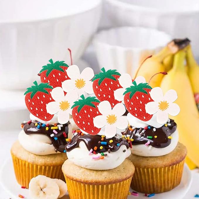 60 Pack Edible Sweet Strawberry Flower Cupcake Toppers First Birthday Strawberry Flower Rice Paper Wafer Paper Cake Picks for Fruit 1st Berry Sweet Kids Birthday Cake Decorations