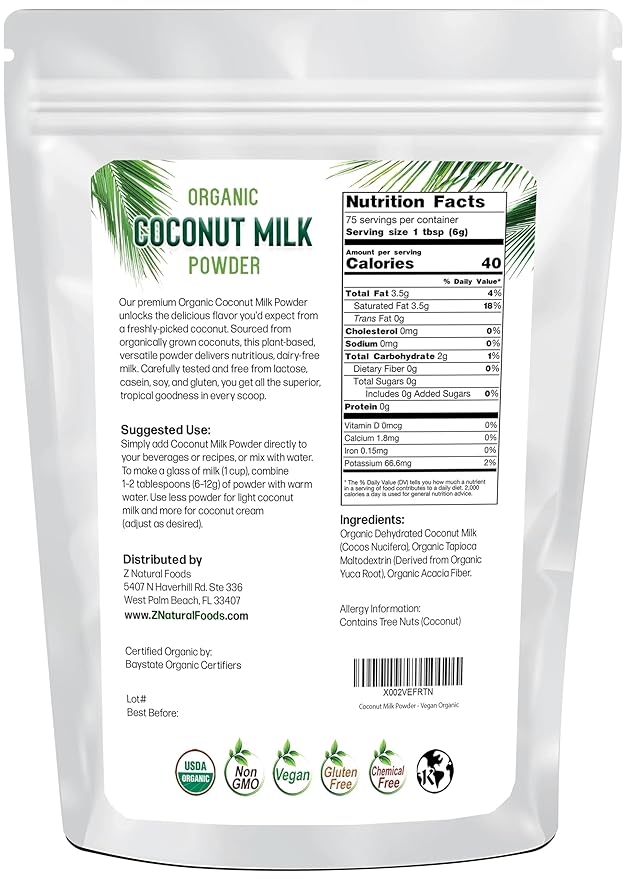 Z Natural Foods Organic Coconut Milk Powder - All-Natural Vegan Dairy-Free Alternative with MCTs - Unsweetened Coconut Creamer for Coffee & Smoothies - Gluten-Free, Non-GMO, 1 lb